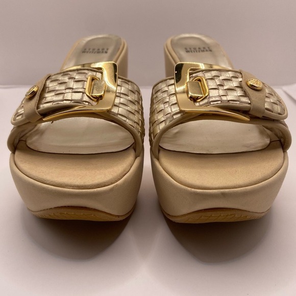 Stuart Weitzman Shoes Womens Size 8.5 Beige Gold Wedge Sandals Slides Buckle - Picture 4 of 15